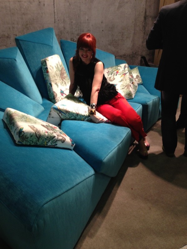 The Stealth Sofa by Italian furniture design firm Just One Piece. Plush, colorful velvet w/ pillows you can configure for max relaxation - plus a really cool triangular shape! Wow!